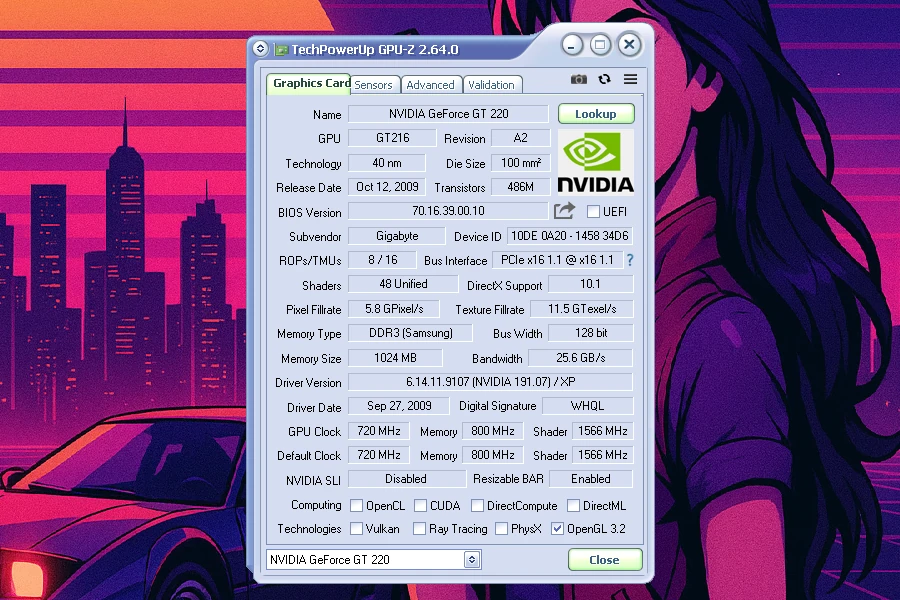 Zrzut ekranu z programu GPU-Z – Gigabyte GV-N220OC-1GI specyfikacja