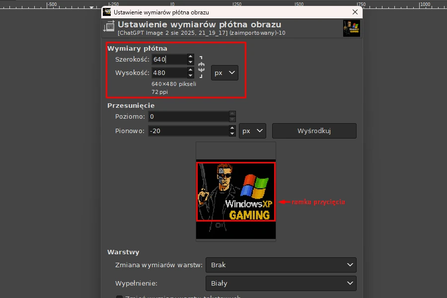 wymiary płutna gimp