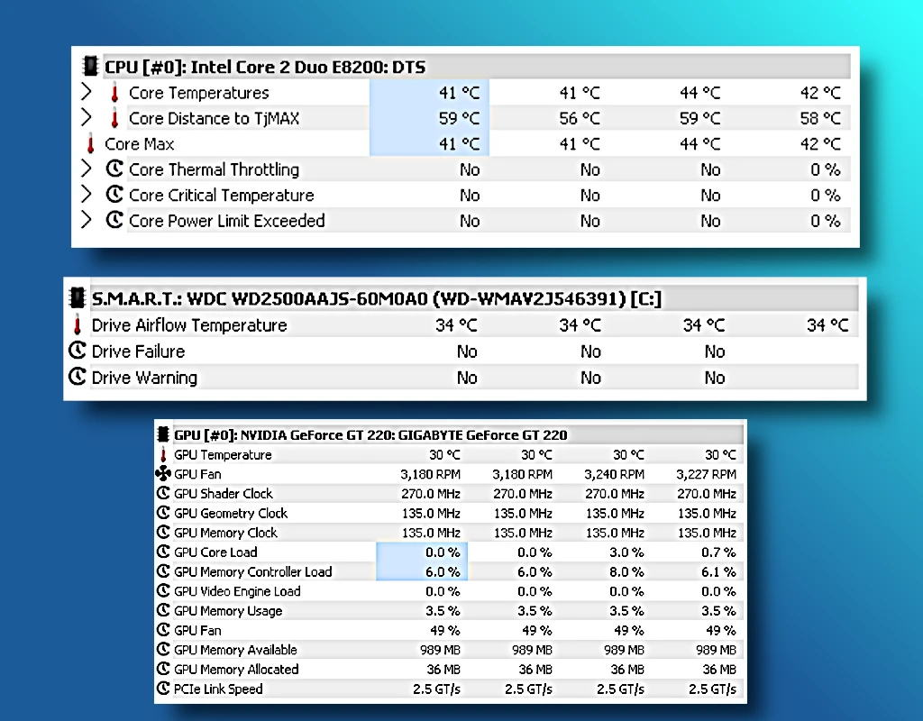 specyfikacja PC Windows XP temperatury przedstawione w programie hwinfo