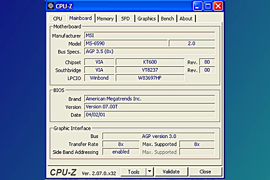specyfikacja komputer z Athlon XP CPU-Z płyta główna