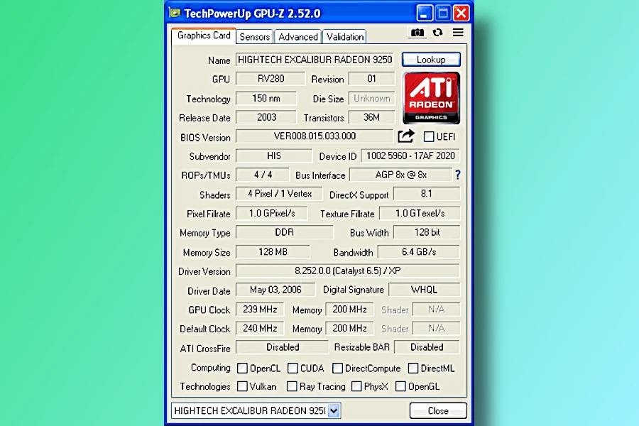 pełna specyfikacja karty radeon 9250