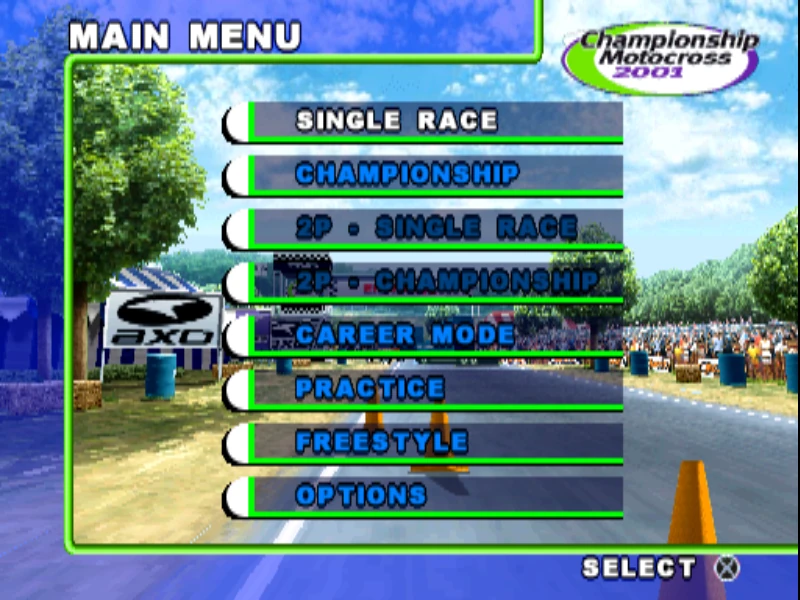 ekran główny gry Championship Motocross 2001 featuring Ricky Carmichael na PS1