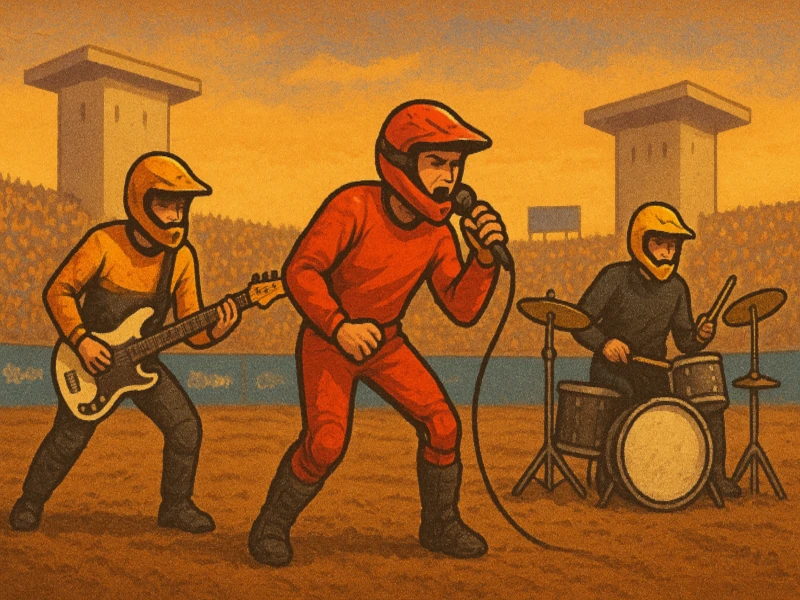 Zawodnicy motocross grający rockowy koncert na stadionie – gitara, perkusja i wokalista