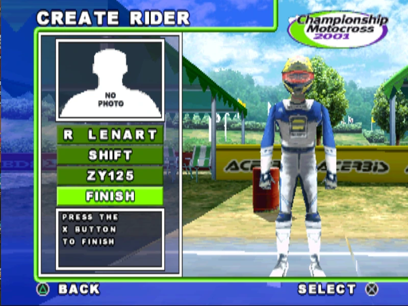 Tworzenie nowego zawodnika w grze Championship Motocross 2001 featuring Ricky Carmichael na PlayStation