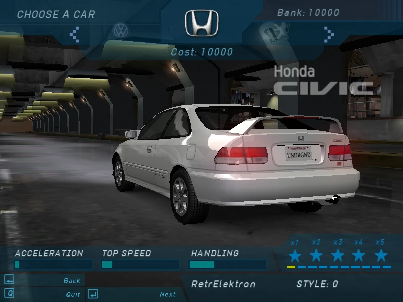 Wybieranie pierwszego samochodu w grze NFS Underground Honda Civic