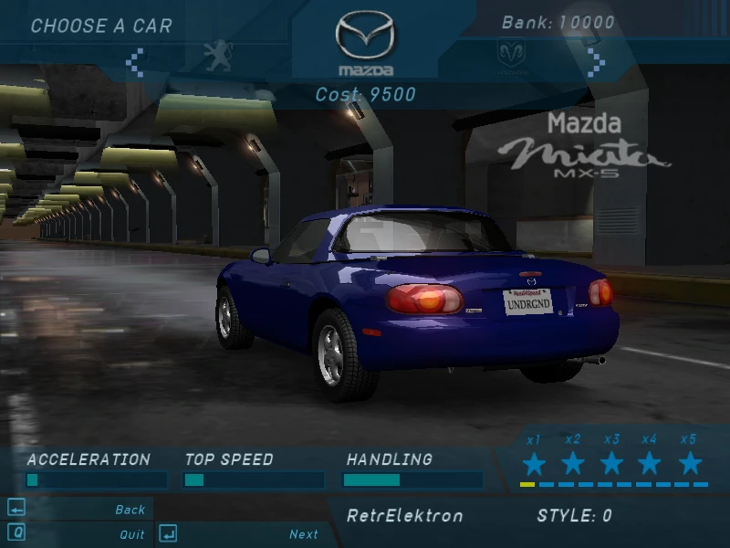 Wybór pierwszego samochodu w grze Need For Speed Underground Mazda Miata MX-S