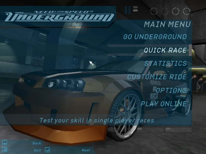 opcje w menu głównym gry Need For Speed Underground