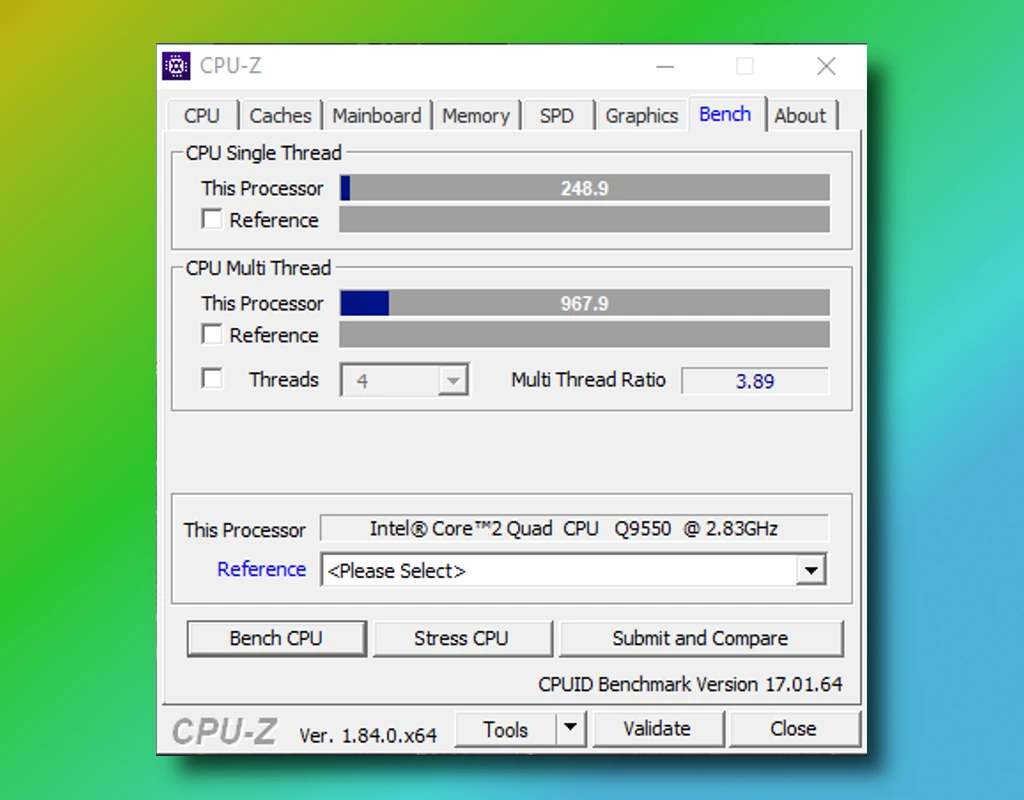 wynik benchmarku procesora Intel Core 2 Quad Q9550 w programie CPU-Z