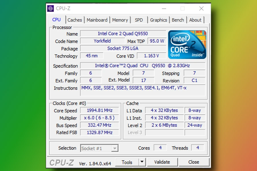 specyfikacja procesora Intel Core2Quad Q9550 pokazana w programie CPU-Z