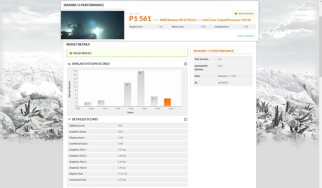 wynik benchmark karty graficznej ATI Radeon HD 6570 w programie 3dmark 11