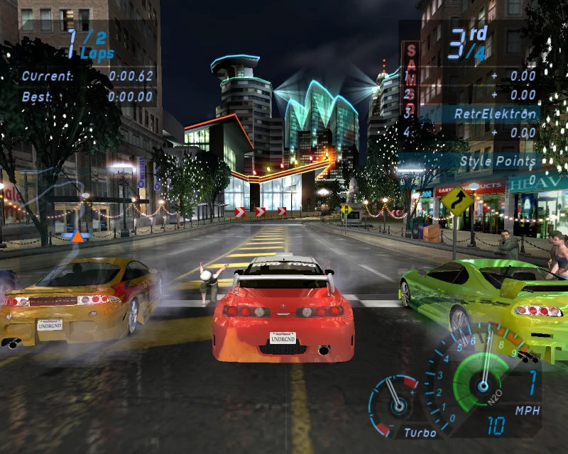 Samochody ruszają z linii startu w pierwszym wyścigu Need for Speed Underground, na pierwszym planie Acura RSX gracza