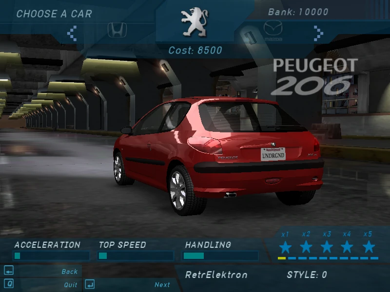 plansza wyboru pierwszego samochodu NFS underground Peugeot 206