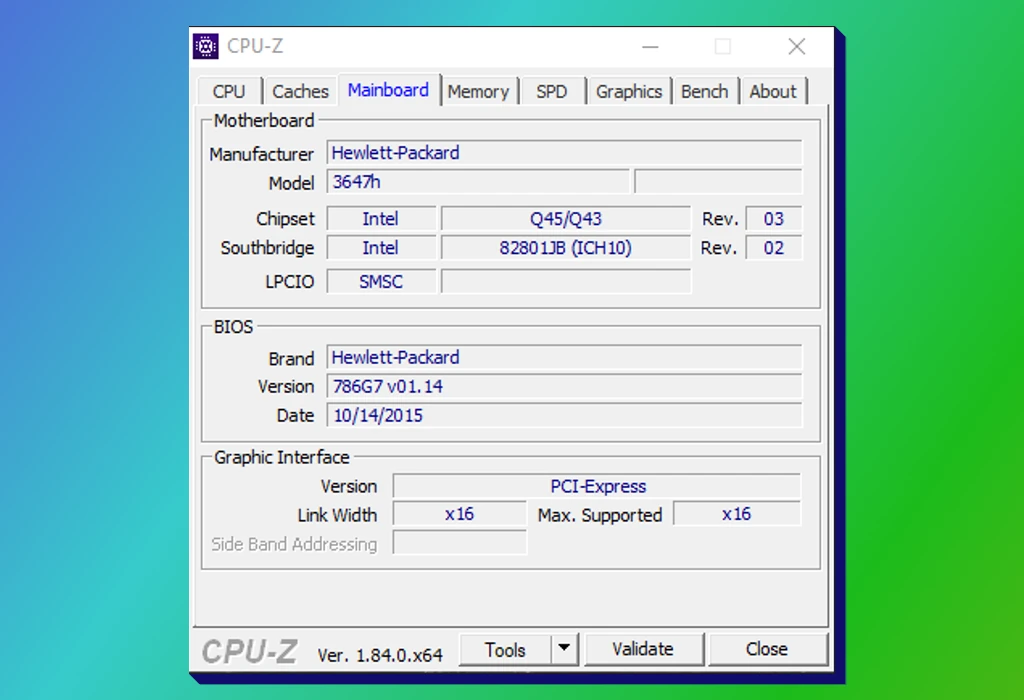 informacje o płycie głównej HP3647h pokazane w programie CPU-Z