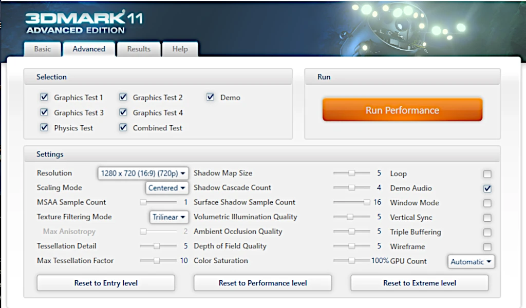 ustawienia testu karty ATI Radeon 6570 w programie 3DMark 11