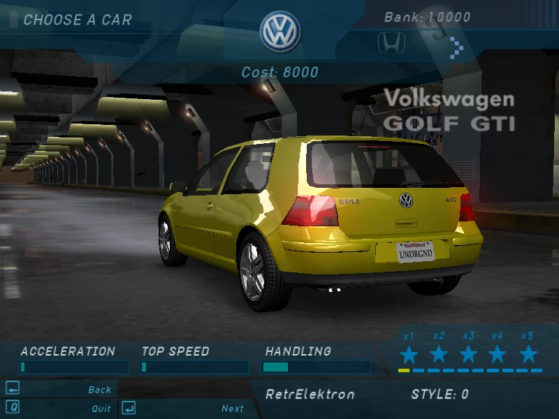 menu z wyborem pierwszego auta vw golf nfs Underground