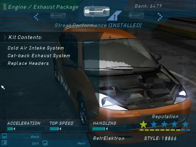 menu gry NFS Underground wybór silnika