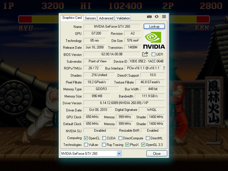 Specyfikacja karty graficznej GTX 260 w programie GPU-Z